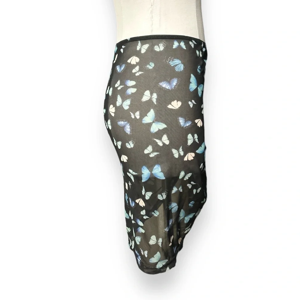 Butterfly print Mesh Cover Up with Drawstring Detail